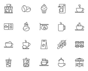 set of cafe line icons, coffee, tea, hot drinks