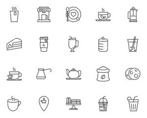 set of cafe line icons, coffee, tea, hot drinks