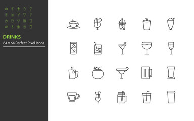 set of drinks line icons, hot drinks, alcohol, glass