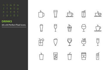 set of drinks line icons, hot drinks, alcohol, glass