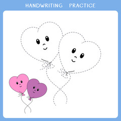 Handwriting practice sheet. Simple educational game for kids. Vector illustration of two balloons of heart shape of heart shape for coloring book