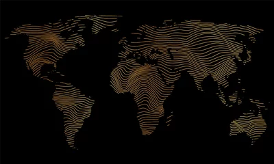 Poster vector illustartion of striped gold colored world map on black background © agrus