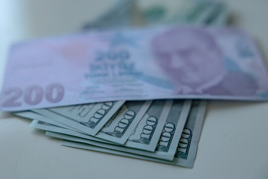 Turkish lira and US dollars. Turkish economy background photo.