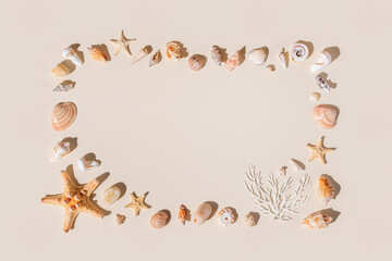 Frame with seashells and starfish with shadow on beige pastel background at sunlight. Summer...