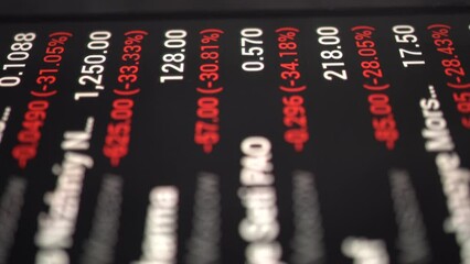 Exchange and geopolitical crisis concept. Crash on the stock exchange, red stock quotes, the market is falling.