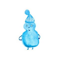 Funny childish blue man with a watercolor cap on a white background for your design and children's book