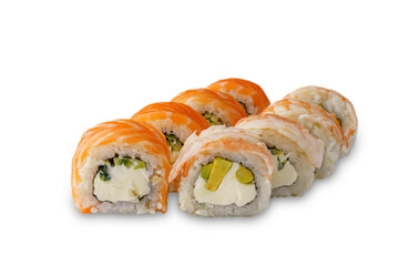 Sushi roll with salmon, cream cheese, cucumber, shrimp, avocado. Isolated on white background