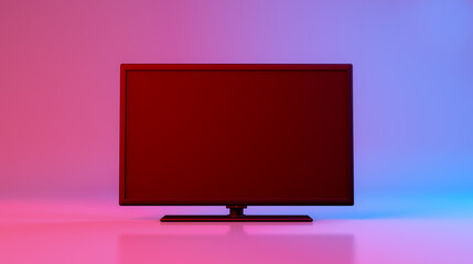Close up colorful television mock up, 3d rendering, blank empty space, modern style with neon pink and blue lighting on background.