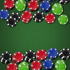 Poker chips on the green table. Top View.Copy space. Gambling concept.