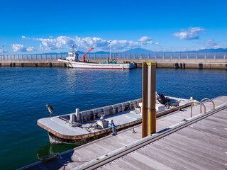 江ノ島片瀬漁港の漁船に止まるアオサギ（神奈川県藤沢市）