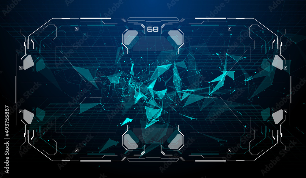 Aufkleber HUD Futuristic Screen Interface Frame Security System Simulation Concept Vector. Plexus Geometric Line Dot Data Connection Transfer Innovative Pattern Illustration.