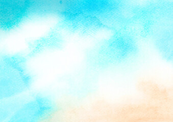 Watercolor painting blue ocean wave on sandy beach background.  Abstract blue sea and beach summer background for banner, invitation, poster or web site design, imitation, space for text.