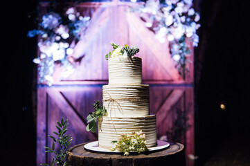 Beautiful wedding arch with wooden decorative door and flowers. A large wedding cake.