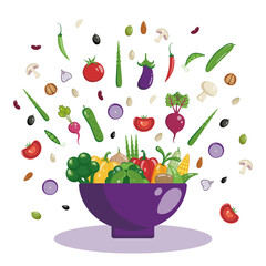 Vector flat illustration of vegetables in a plate. Healthy eating. Cucumber, broccoli, cabbage, asparagus, eggplant and other vegetables, seeds and nuts.