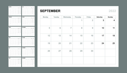 Calendar vector template for 2022 year. Planner diary in a minimalism style. Corporate and business calendar. Organizer. Monthly calendar. Daily planner. Monday