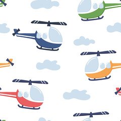 Seamless pattern with colorful Helicopters. White background.Vector