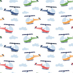 Red Helicopter in Cartoon style with sign Time to fly and seamless pattern colorful Helicopter. Vector
