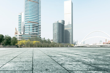 Downtown urban buildings and road platforms