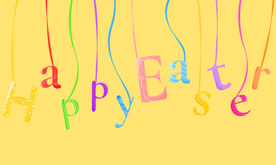 Cute Easter banner with colorful letters hanging on a string. Lettering  Happy Easter on a yellow background. Vector illustration can be used to design banners, leaflets, greeting cards