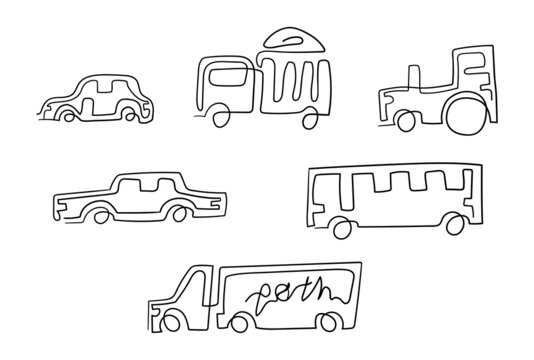 Set line icons of trucks isolated on white. Trailer, dumper, garbage truck. Freight transportation. Vector illustration