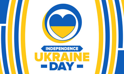 Independence Day in Ukraine. National happy holiday, celebrated annual in August 24. Ukrainian flag. Blue and yellow. Patriotic elements. Poster, card, banner and background. Vector illustration