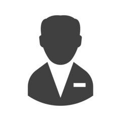 Manager icon. A simple glyph depiction of the upper half of a man in a suit with a name tag. Isolated vector on pure white background.