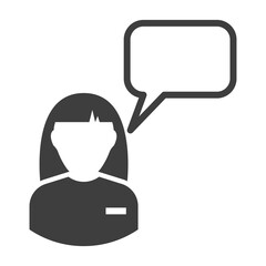 Manager icon with chat cloud. A simple glyph depiction of the upper half of a woman in a suit with a name tag. Isolated vector on pure white background.