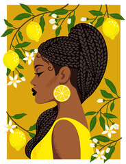 Portrait of beautiful african woman with blooming lemon tree. Young black girl with braided hairstyle. Vector illustration