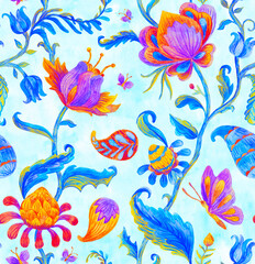 Paisley watercolor floral pattern. Jacobean floral tile: flowers, flores leaves. Oriental indian traditional hand painted water color whimsical seamless print design. Abstract india batik background