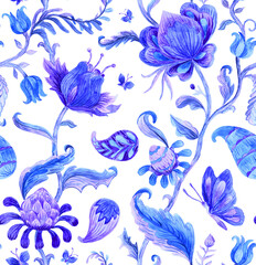 Paisley watercolor floral pattern. Jacobean floral tile: flowers, flores leaves. Oriental indian traditional hand painted water color whimsical seamless print design. Abstract india batik background