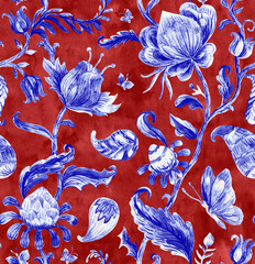 Paisley watercolor floral pattern. Jacobean floral tile: flowers, flores leaves. Oriental indian traditional hand painted water color whimsical seamless print design. Abstract india batik background