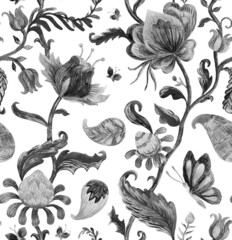 Paisley watercolor floral pattern. Jacobean floral tile: flowers, flores leaves. Oriental indian traditional hand painted water color whimsical seamless print design. Abstract india batik background