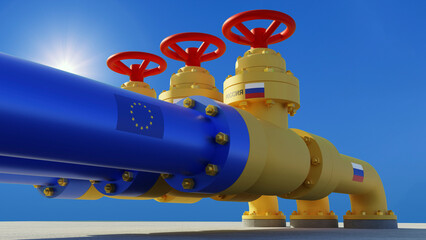 Valves on the main gas pipelines between Europe and Russia - 3D illustration © alexmat46