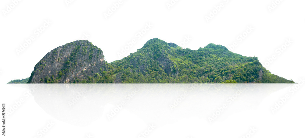 Wall mural rock mountain hill with green forest isolate on white background