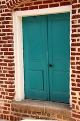 Turquoise Door, Historic Building, Old Brick Wall