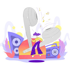 Entertainment, modern technologies, music concept. Music lovers lifestyle. Person listening to music, headphones, speakers, radio, tape recorder. Flat vector illustration for banner, website design.