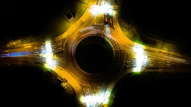 Aerial Hyperlapse of Roundabout with heavy traffic in Sallins/Naas at night