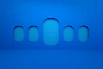 Windows of cartoon airplane inside, interior of plane, 3d render