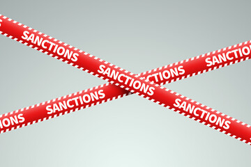 red ribbon with the inscription sanctions on a light background. 3D render, 3D illustration.