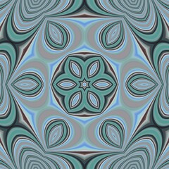 dark brown pale blue and green coloured horizontal striped pattern in art deco combination shape and hexagonal floral fantasy design