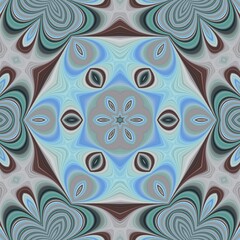 dark brown pale blue and green coloured horizontal striped pattern in art deco combination shape and hexagonal floral fantasy design