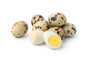 Boiled Quail eggs with half isolated on white background.