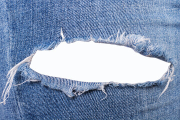 Ripped Denim Jeans frame texture over white background,torn jeans