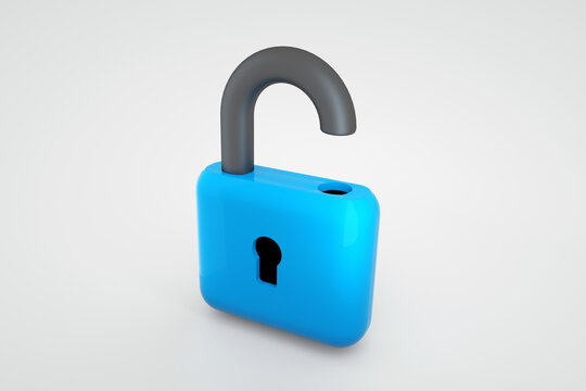 Open blue lock over grey background, 3d render