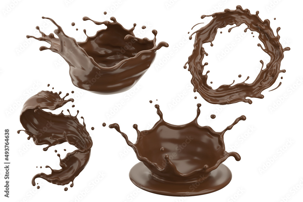 Poster set of chocolate or cocoa splash with clipping path, 3d rendering.