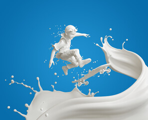 Splash of milk in form of Boy's body playing skateboard on white milk, Young skater player, with clipping path