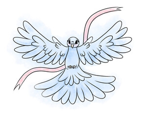 Cute dove of peace with a branch with gentle pink ribbon separated colored line art on the white background