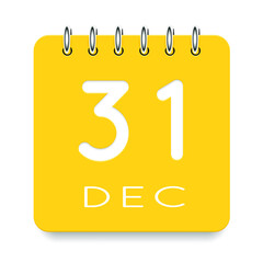 31 day of the month. December. Cute yellow calendar daily icon. Date day week Sunday, Monday, Tuesday, Wednesday, Thursday, Friday, Saturday. Cut paper. White background. Vector illustration.