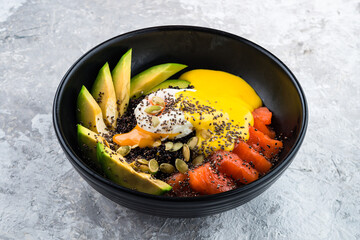 Beautiful salmon and poached egg with avocado.