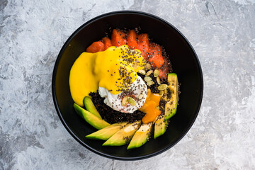 Beautiful salmon and poached egg with avocado.